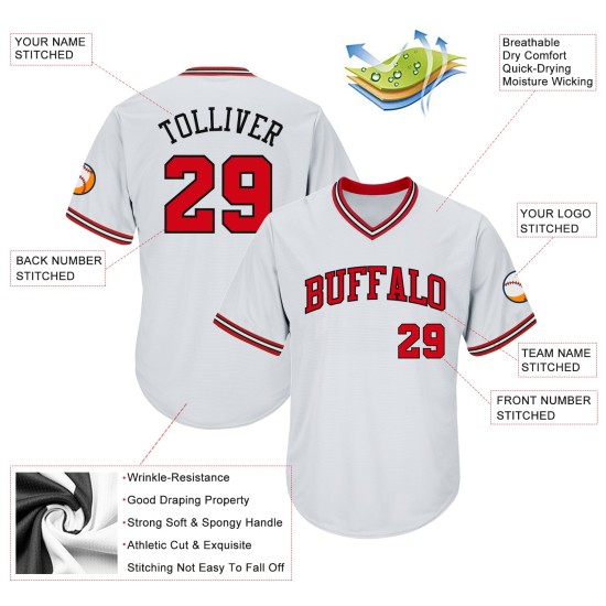 Maillot de baseball rétro authentique en tricot côtelé, blanc, rouge et noir