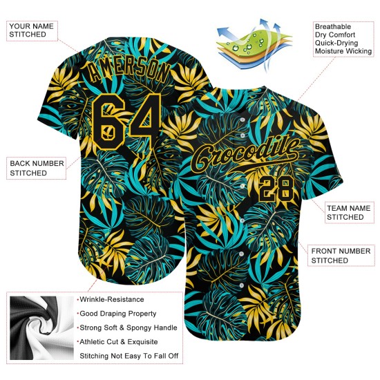 Maillot de baseball personnalisé motif feuilles de palmier noir tropical noir-or 3D authentique