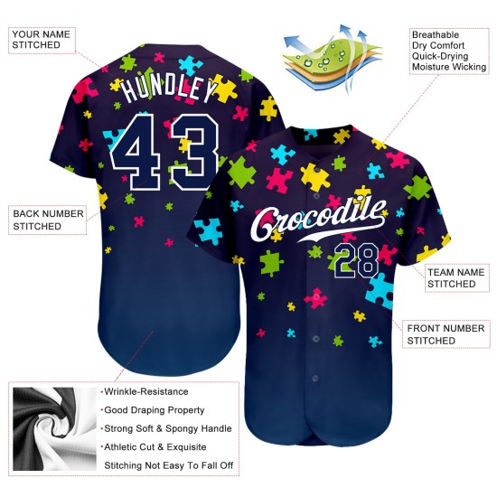 Maillot de baseball personnalisé avec puzzle autisme, pièces bleu marine et blanches 3D, authentique, sensibilisation