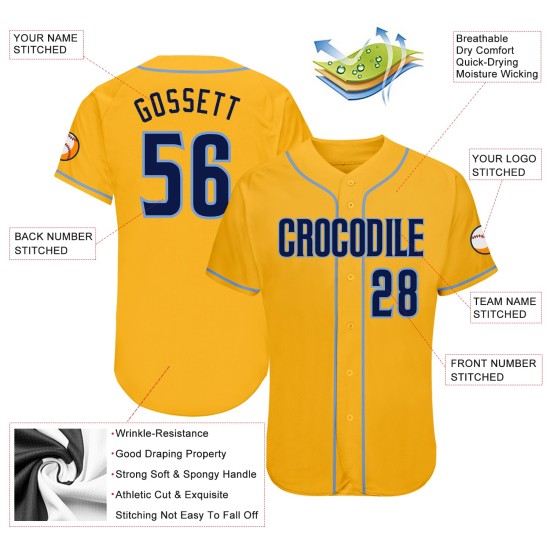 Maglia da baseball autentica blu navy-chiaro oro personalizzata