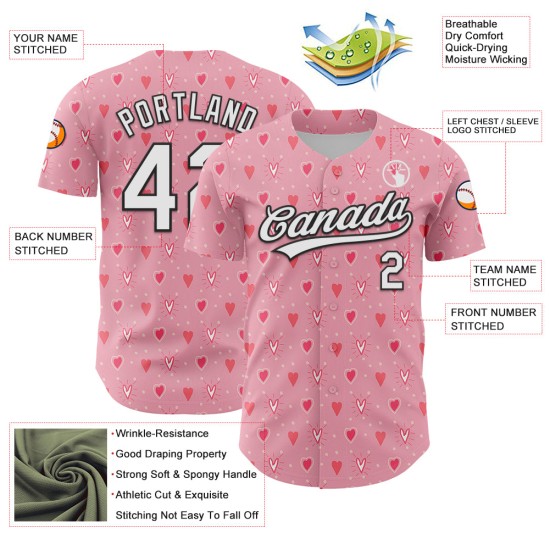 Maglia da baseball autentica rosa, bianca e nera, con cuore 3D, luce e amore, personalizzata per San Valentino