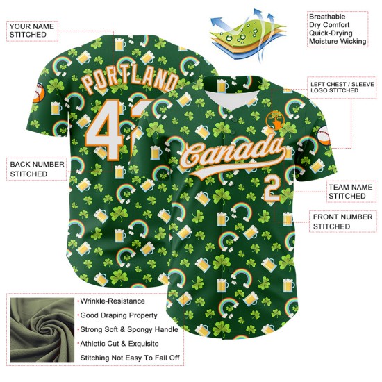 Maglia da baseball autentica 3D Green Shamrock St. Patrick's White-Bay personalizzata Orange Beer
