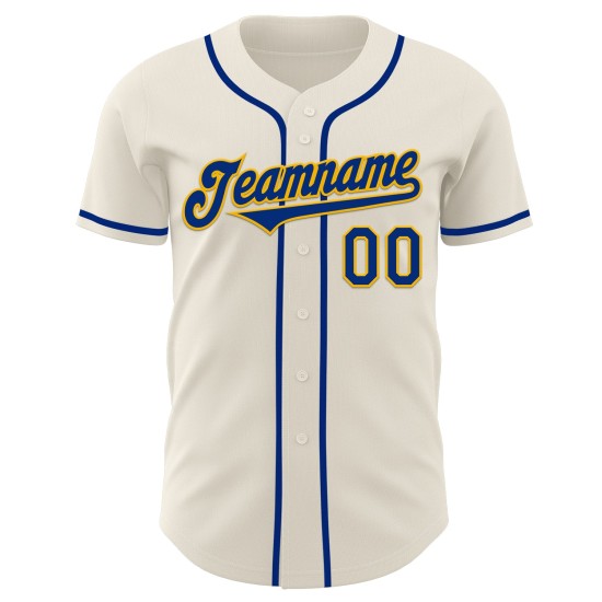 Maglia da baseball autentica color crema personalizzata, colore blu royal e oro