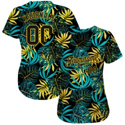 Maillot de baseball personnalisé motif feuilles de palmier noir tropical noir-or 3D authentique Maillot de baseball personnalisé motif feuilles de palmier noir tropical noir-or 3D authentique
