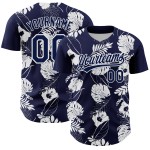 Maglia da baseball tropicale e hawaiana blu navy autentica bianca personalizzata con fiori e foglie 3D