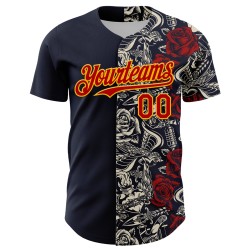 Maglia da baseball vintage autentica e personalizzata, con tatuaggi 3D rosso-oro blu navy