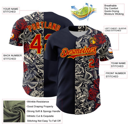 Maglia da baseball vintage autentica e personalizzata, con tatuaggi 3D rosso-oro blu navy
